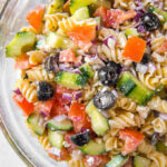 A close up of Greek Pasta Salad