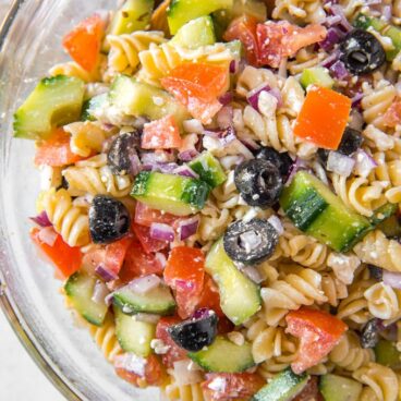 A close up of Greek Pasta Salad