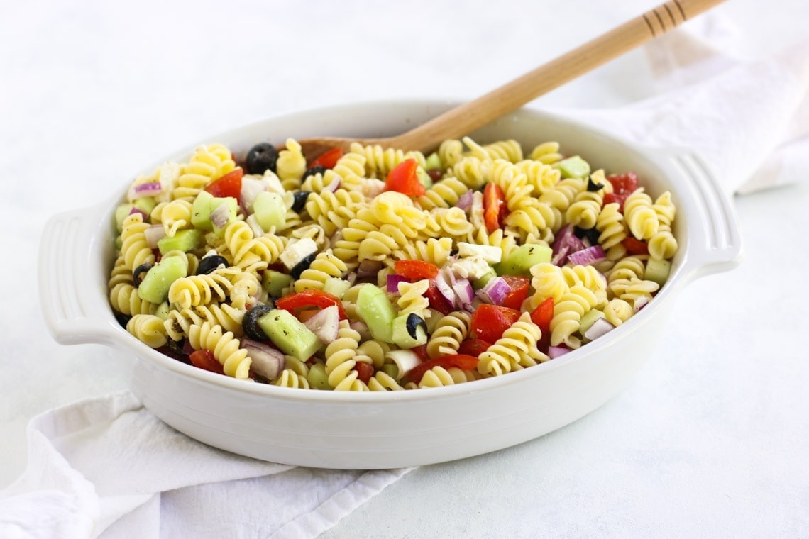 This Greek Pasta Salad is easy to throw together and perfect for the summer!