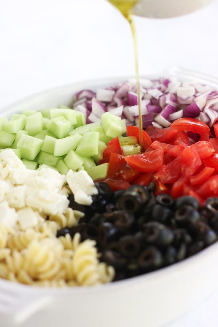 This Greek Pasta Salad is easy to throw together and perfect for the summer!