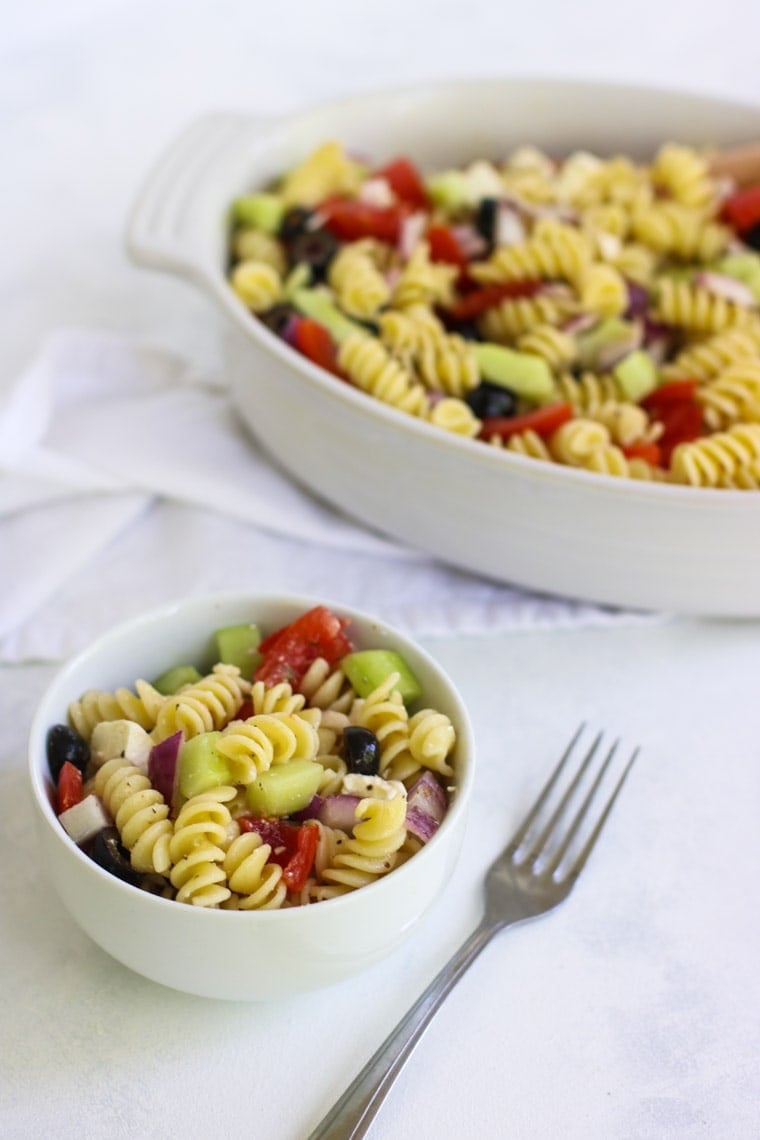 This Greek Pasta Salad is easy to throw together and perfect for the summer!