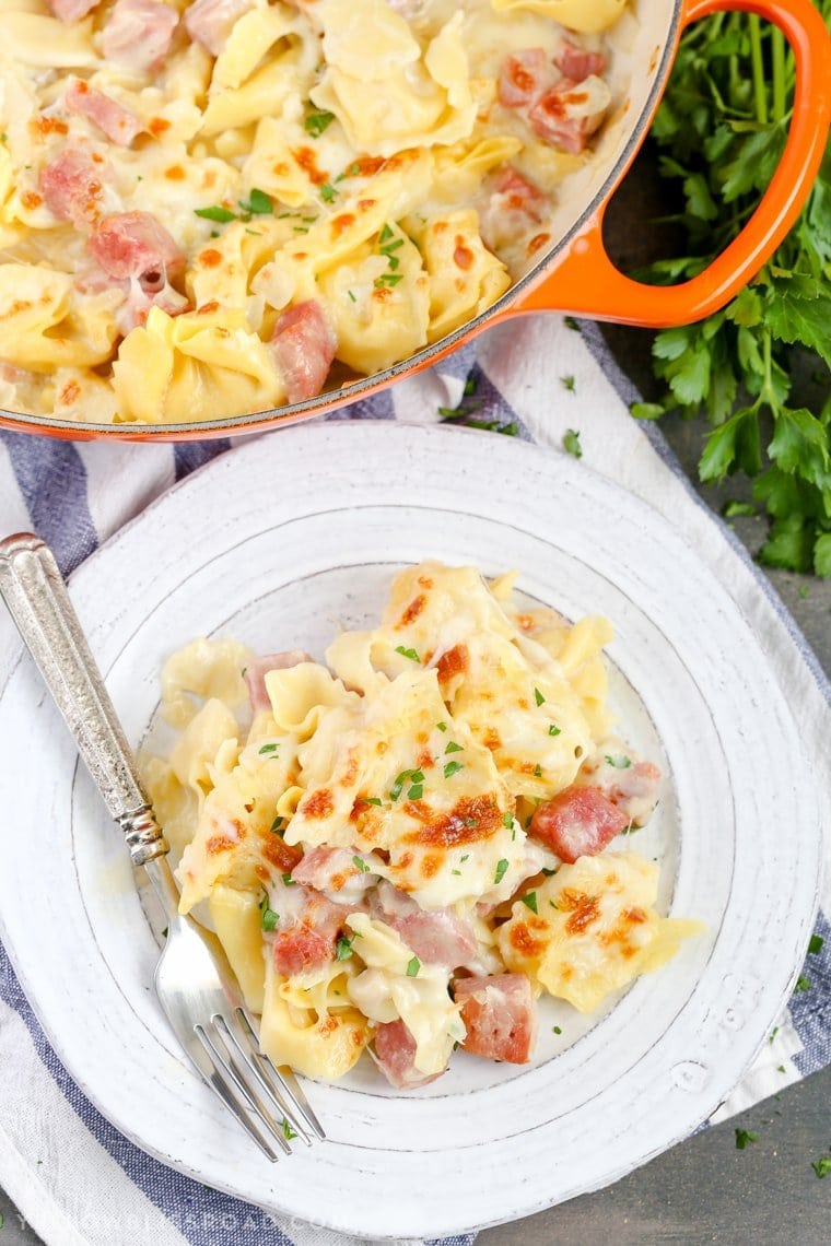 This One Pan Ham & Cheese Tortellini is super creamy and flavorful, and a delicious was to celebrate National Cheese Day! Everything is cooked together in one pan for a quick, family-friendly weeknight meal with easy clean up. One Pan Ham & Cheese Tortellini on a dinner plate