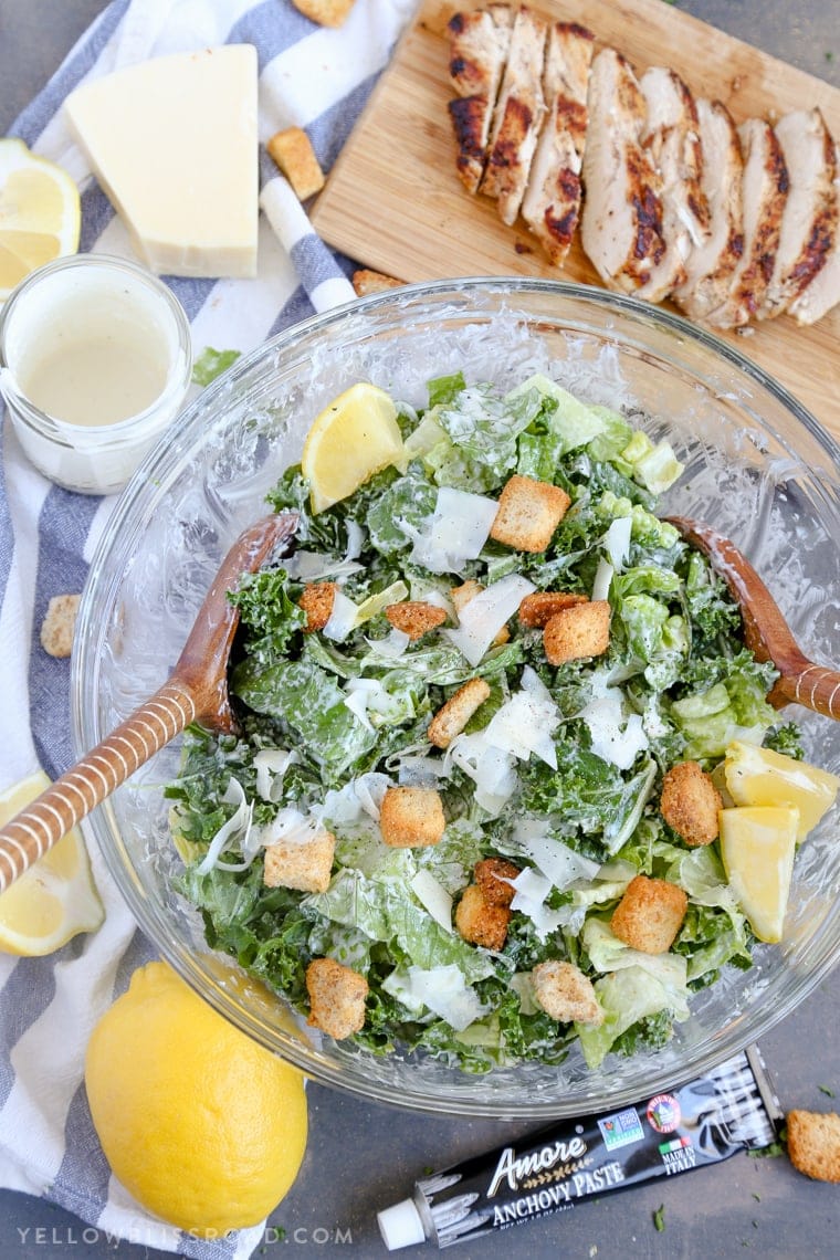 Kale & Romaine Salad with Homemade Caesar Dressing and grilled chicken