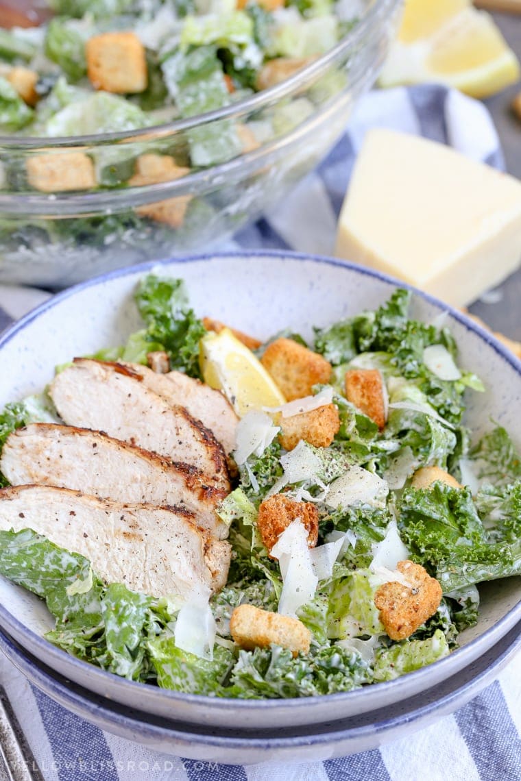 Kale & Romaine Salad with Homemade Caesar Dressing with Grilled Chicken and Parmesan Kale & Romaine Salad with Homemade Caesar Dressing with Grilled Chicken and Parmesan
