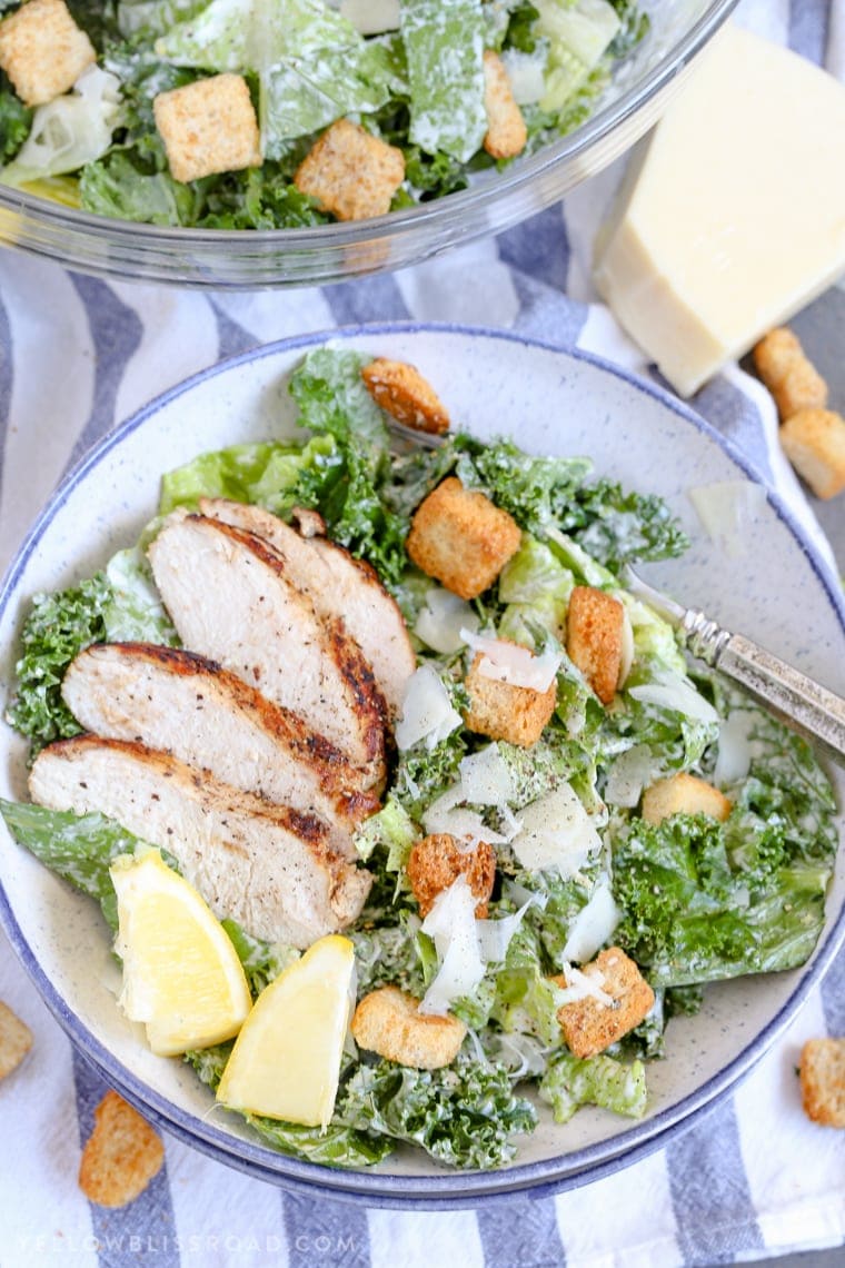 Lemon Kale & Romaine Caesar Salad with Grilled Chicken and Homemade Caesar Dressing