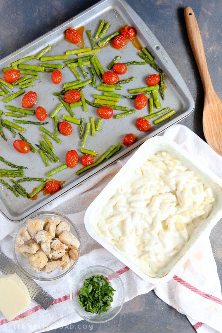 Chicken Mac & Cheese with Roasted Tomatoes and Asparagus