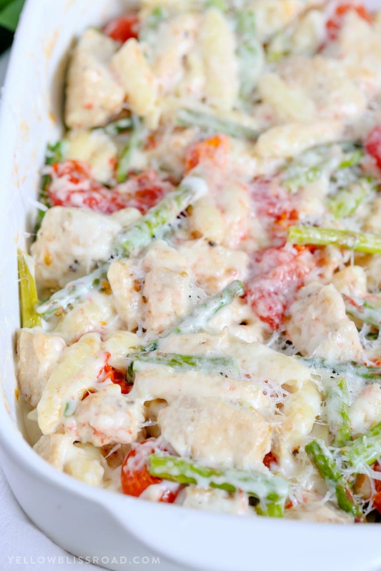 Chicken Mac & Cheese with Roasted Tomatoes and Asparagus