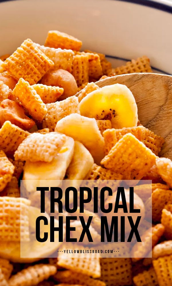 A close up of a bowl of chex mix with text - pinterest friendly image