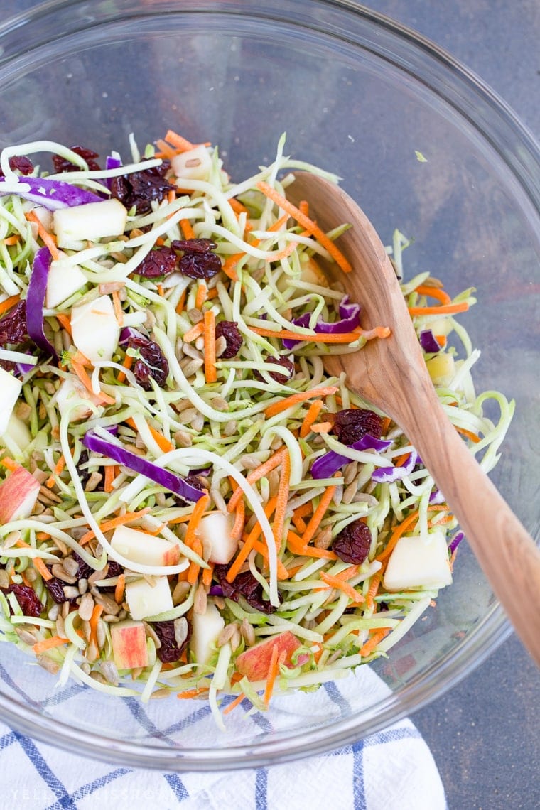 Broccoli Slaw with Apples & Dried Cherries is creamy, crunchy and sweet, making it the best side dish for summertime barbecues to Thanksgiving dinner.