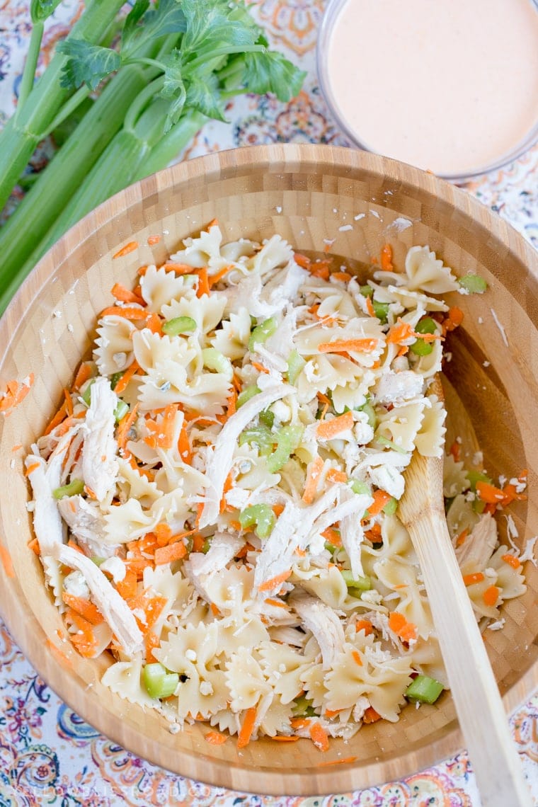 Buffalo Chicken Pasta Salad - Perfectly customizable salad with chicken, buffalo sauce, blue cheese and Ranch. Great for summer parties and fall tailgating!