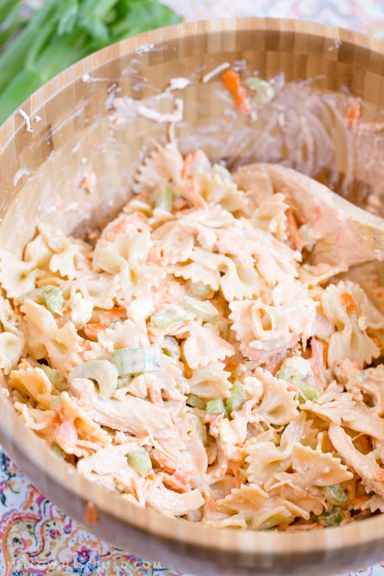 Buffalo Chicken Pasta Salad - Perfectly customizable salad with chicken, buffalo sauce, blue cheese and Ranch. Great for summer parties and fall tailgating!