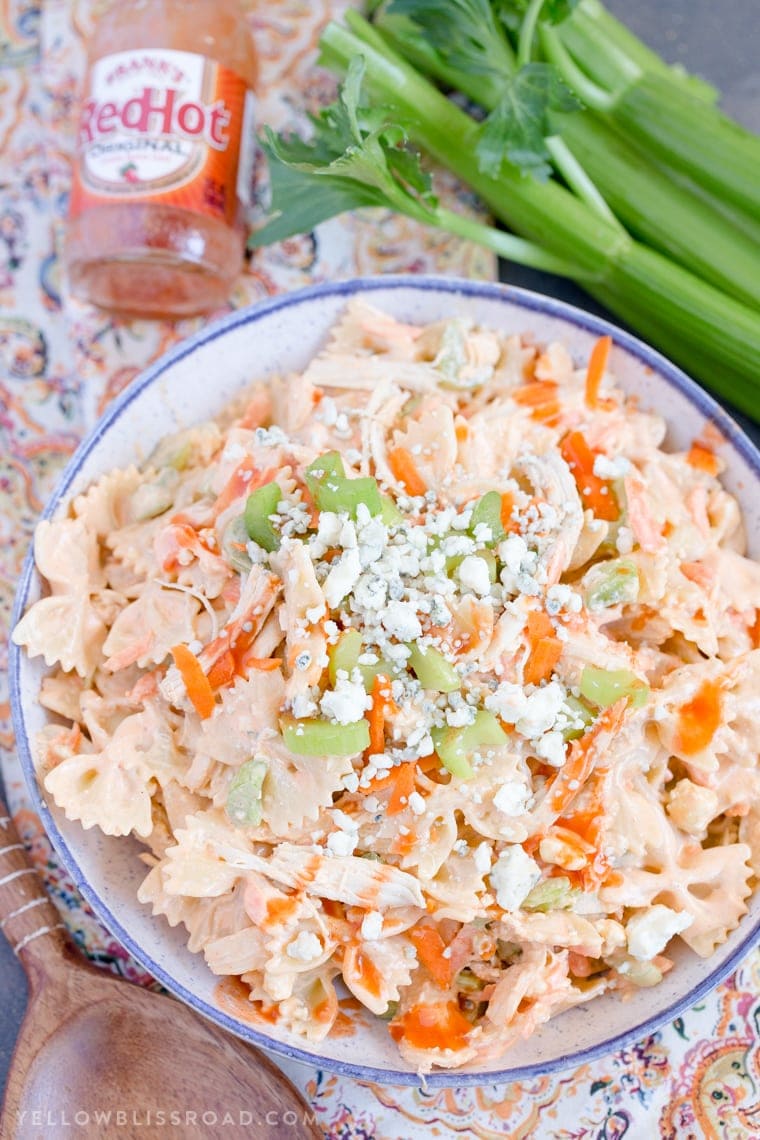 A bowl of pasta salad