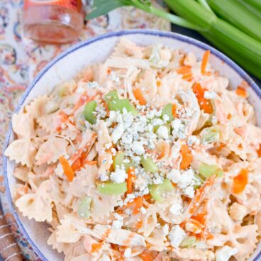 A bowl of pasta salad