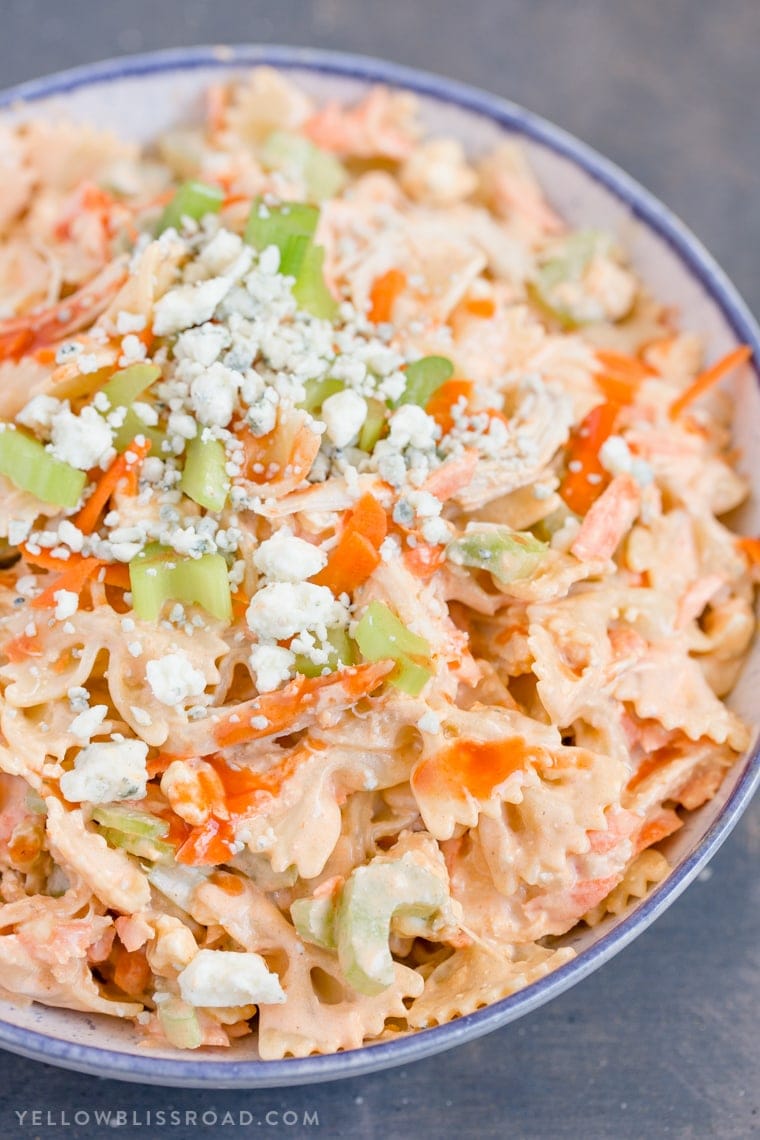 Buffalo Chicken Pasta Salad - Perfectly customizable salad with chicken, buffalo sauce, blue cheese and Ranch. Great for summer parties and fall tailgating!