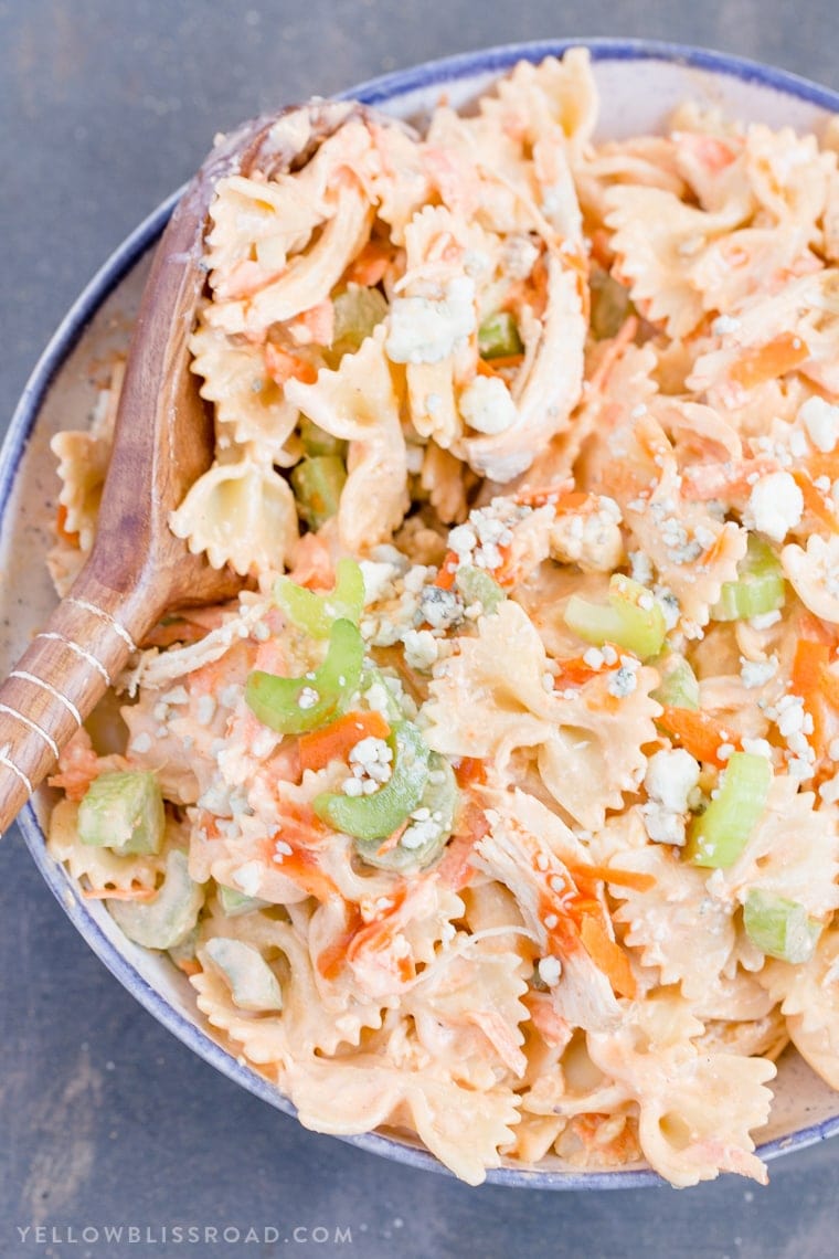 Buffalo Chicken Pasta Salad - Perfectly customizable salad with chicken, buffalo sauce, blue cheese and Ranch. Great for summer parties and fall tailgating!