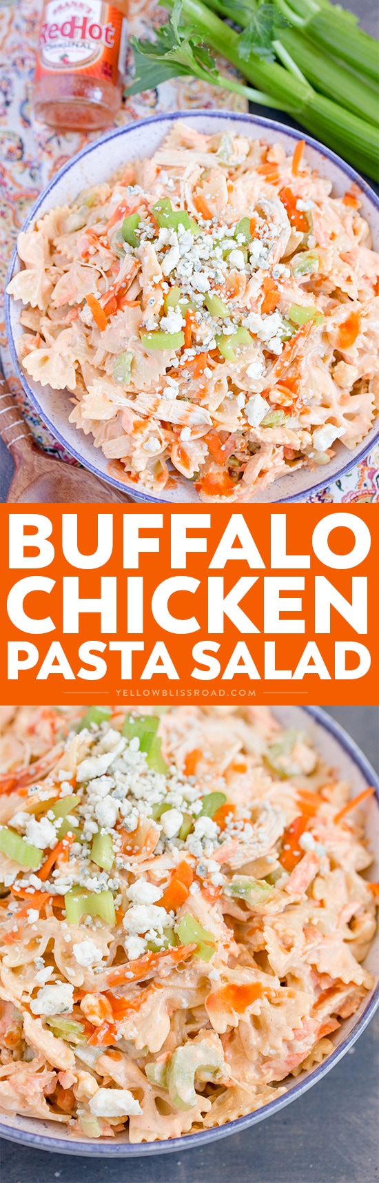 Buffalo Chicken Pasta Salad - Perfectly customizable salad with chicken, buffalo sauce, blue cheese and Ranch. Great for summer parties and fall tailgating!