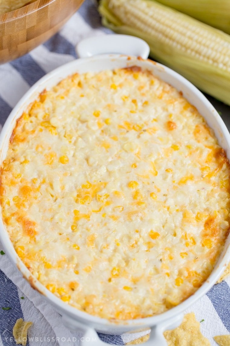 corn dip in a white baking dish
