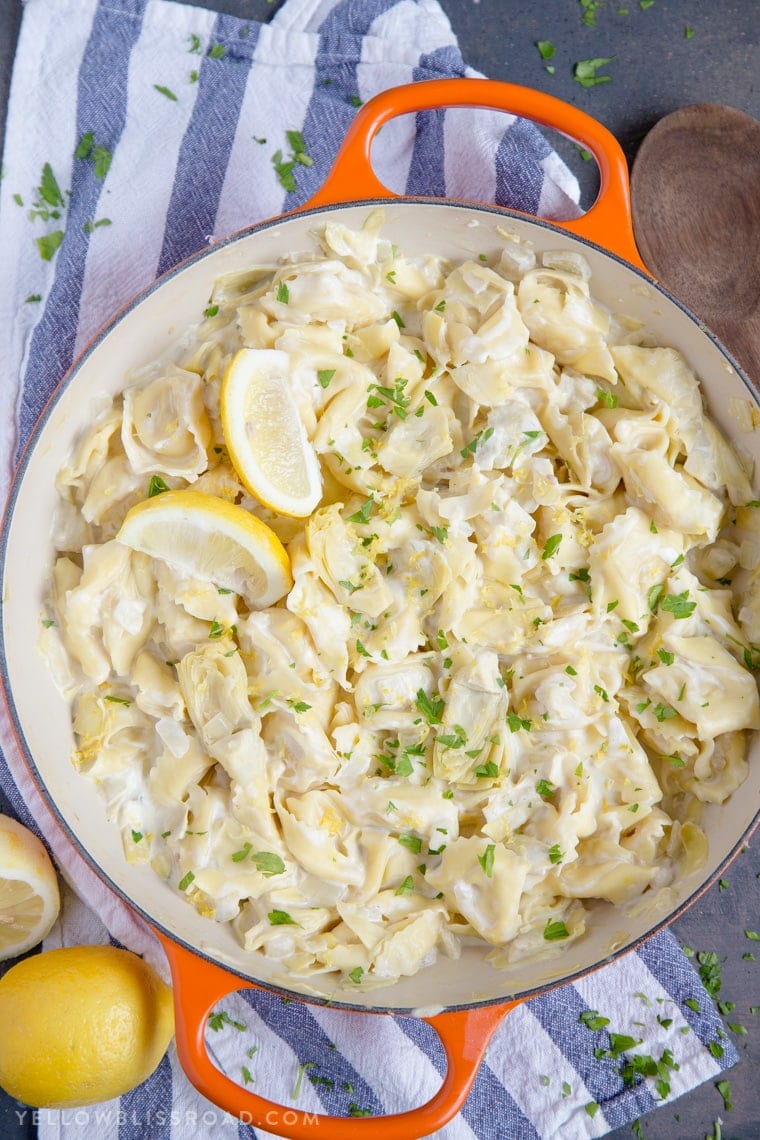 This Creamy Lemon Artichoke Tortellini Skillet is tender and cheesy and full of lemon-y flavor. It's a delicious one pan dinner any night of the week.