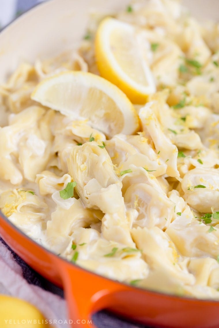 This Creamy Lemon Artichoke Tortellini Skillet is tender and cheesy and full of lemon-y flavor. It's a delicious one pan dinner any night of the week.