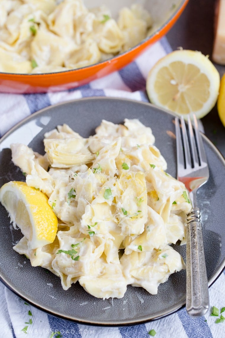 This Creamy Lemon Artichoke Tortellini Skillet is tender and cheesy and full of lemon-y flavor. It's a delicious one pan dinner any night of the week.