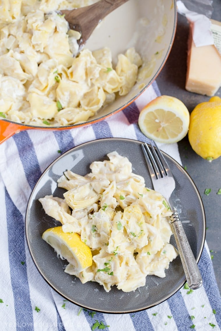 This Creamy Lemon Artichoke Tortellini Skillet is tender and cheesy and full of lemon-y flavor. It's a delicious one pan dinner any night of the week.