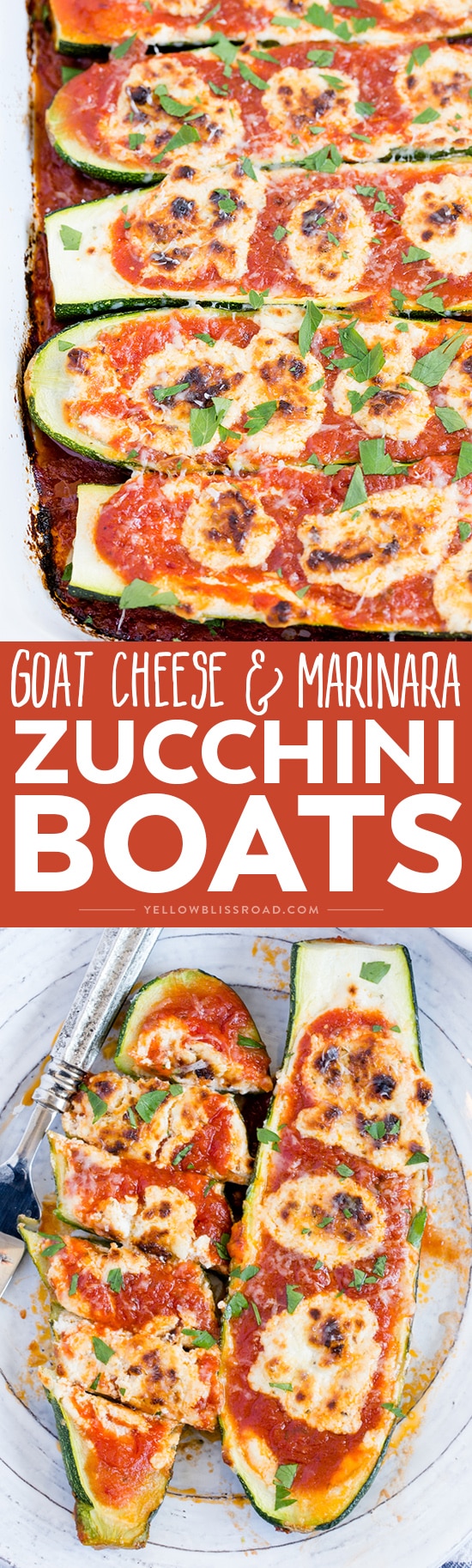 Goat Cheese & Marinara Stuffed Zucchini Boats collage with 2 images