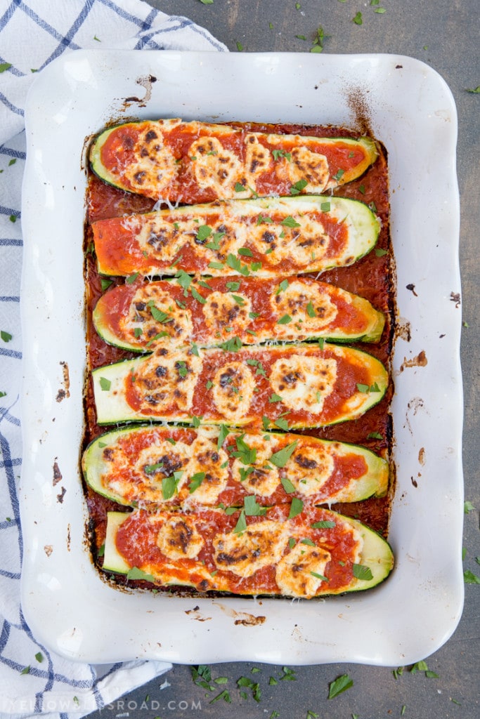 Stuffed Zucchini Boats with Goat Cheese and Marinara
