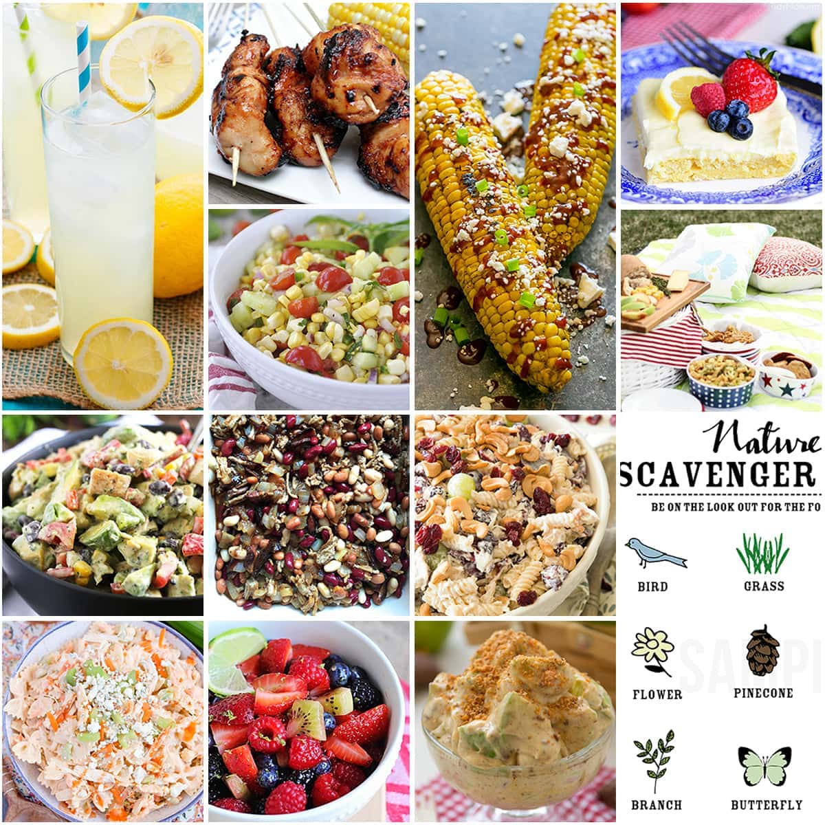 A collage of picnic food