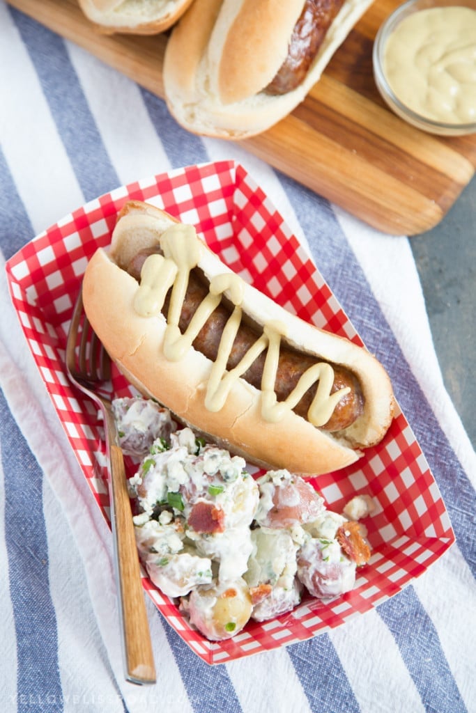 Red, White and Blue Cheese Potato Salad is creamy and savory and the perfect side dish for all of your summer picnics and barbecues!