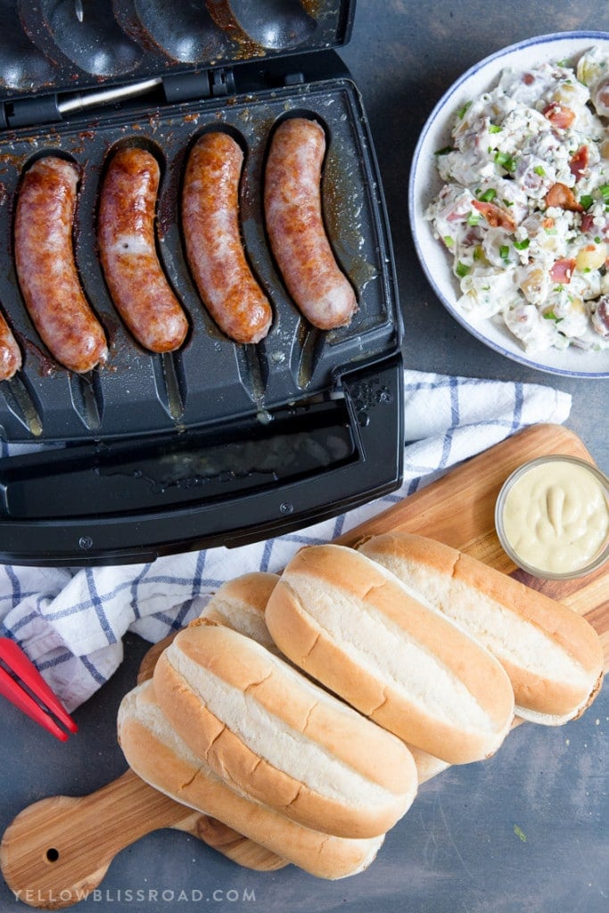 Delicious Brats with Red, White and Blue Cheese Potato Salad! The new Johnsonville Sizzling Sausage Griller is the perfect gift for Dad this Father's Day! (ad)