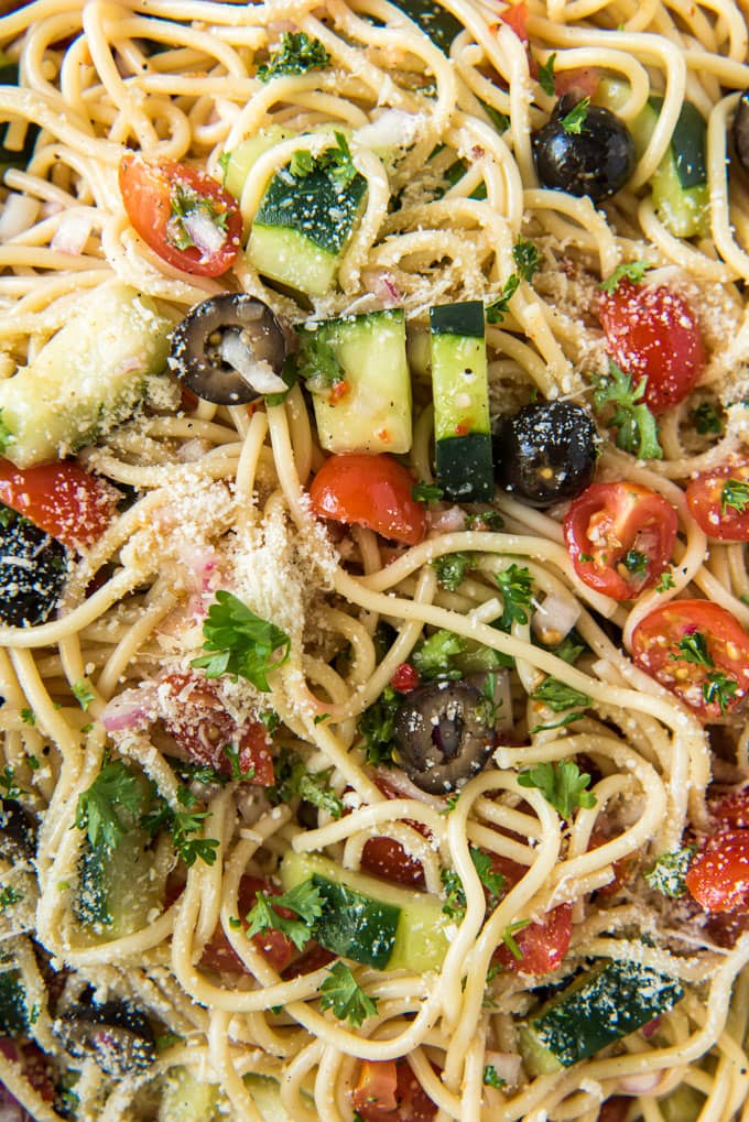 Summer Spaghetti Salad with Veggies and Italian Dressing