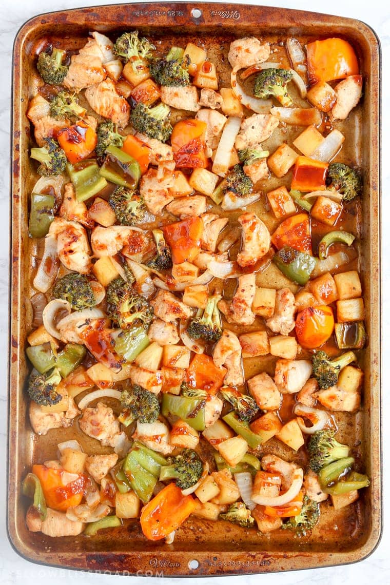 This Teriyaki Barbecue Pineapple Chicken Sheet Pan Dinner is a quick and easy meal that's sweet and savory and gets dinner on the table in minutes!