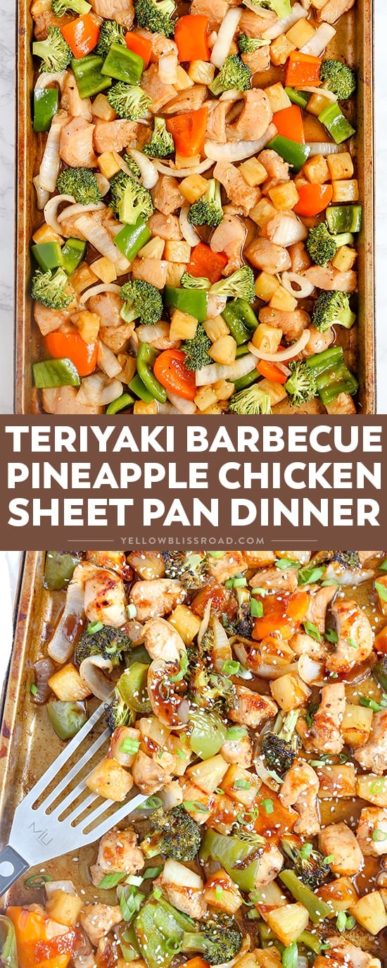 This Teriyaki Barbecue Pineapple Chicken Sheet Pan Dinner is a quick and easy meal that's sweet and savory and gets dinner on the table in minutes!