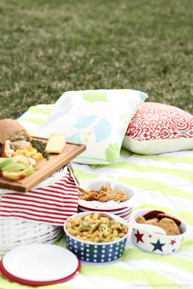 A picnic in the grass with blanket, pillows, and food