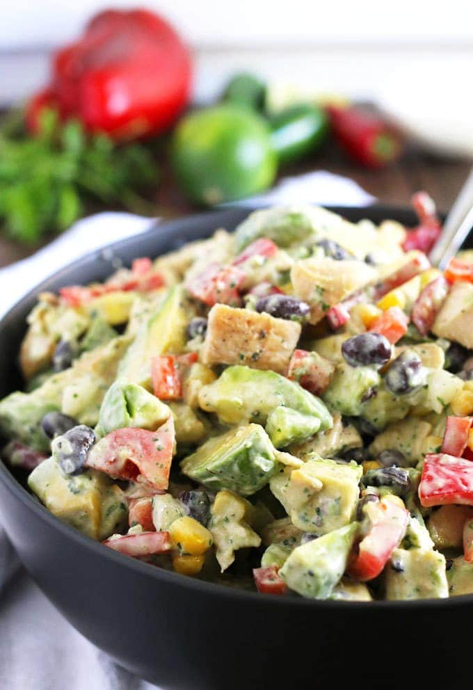 A bowl of chicken avocado salad