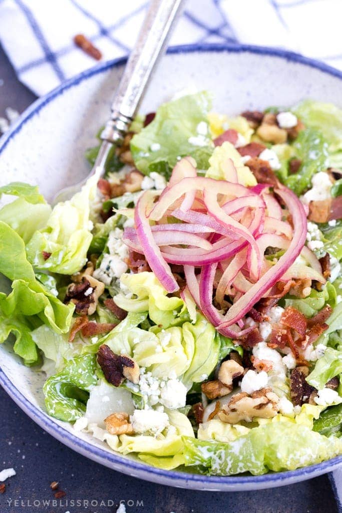 Bib & Blue Salad with blue cheese, walnuts, pickled red onions and bacon. (Macaroni Grill copycat)