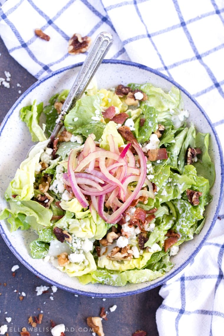 Bib & Blue Salad with blue cheese, walnuts, pickled red onions and bacon. (Macaroni Grill copycat)