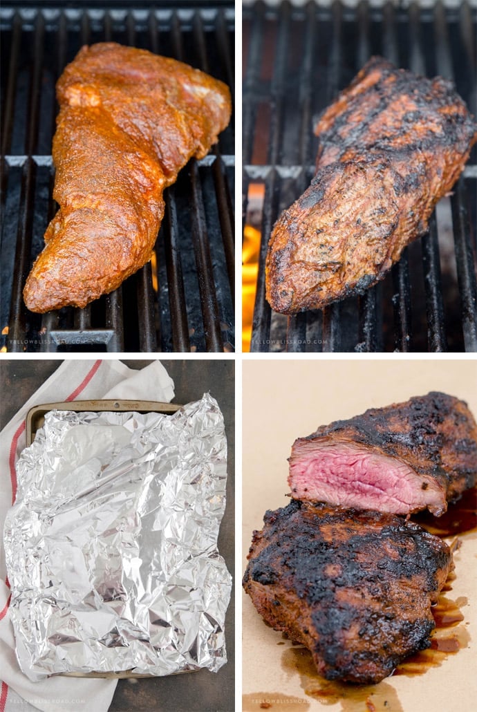 collage with images of a tri tip cooking on the grill