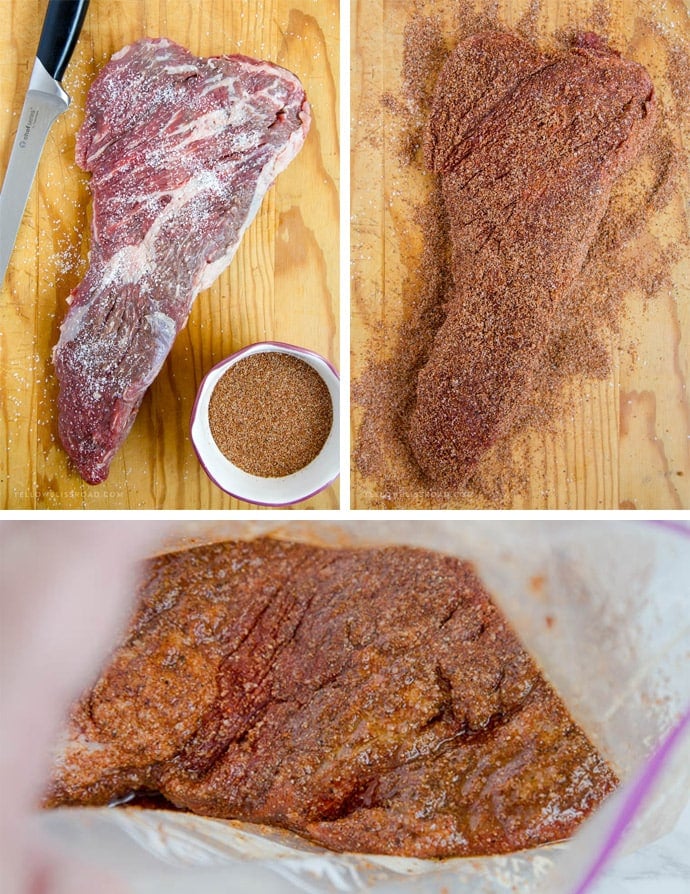 images of a cutting board, a raw tri tip, a spice rub and a knife