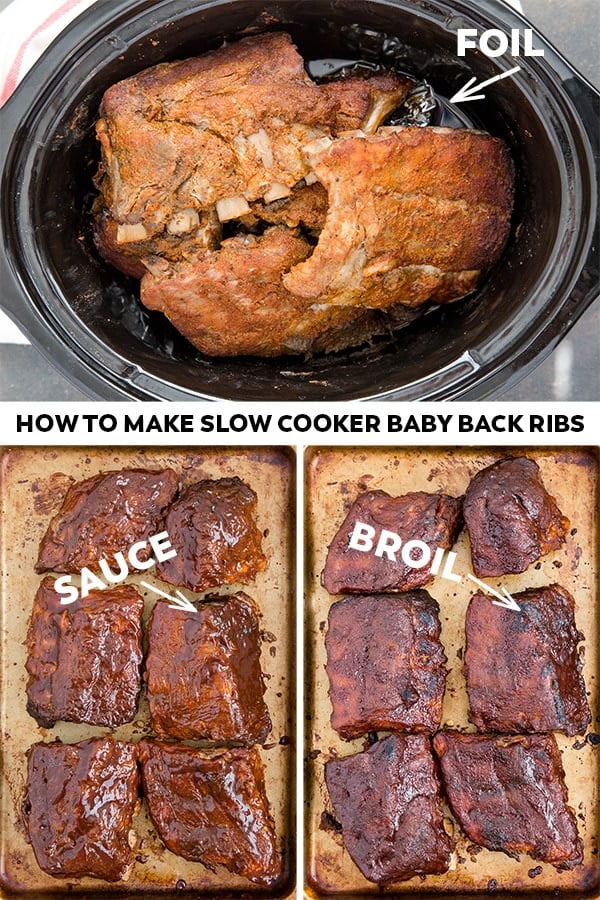 Image of ribs in the slow cooker, image of sauce covered ribs on a pan, and image of the broiled ribs on a pan.