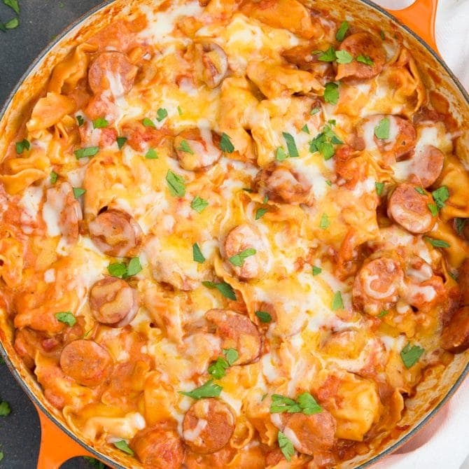 Cheesy One Pan Italian Sausage & Tortellini Skillet