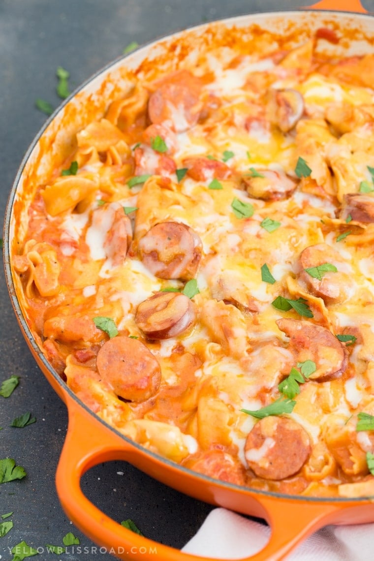 Creamy One Pan Tortellini and Smoked Sausage is a quick and delicious meal that combines tender, cheese-filled pasta with smokey sausage in a creamy sauce.