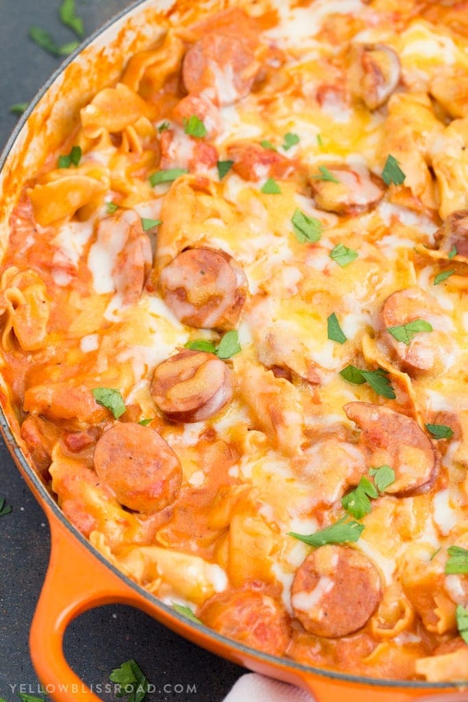 Creamy One Pan Tortellini and Smoked Sausage is a quick and delicious meal that combines tender, cheese-filled pasta with smokey sausage in a creamy sauce.