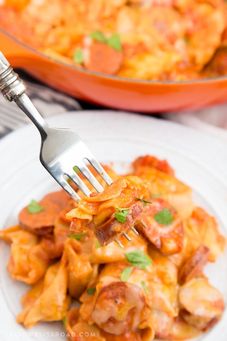 Creamy One Pan Tortellini and Smoked Sausage is a quick and delicious meal that combines tender, cheese-filled pasta with smokey sausage in a creamy sauce.