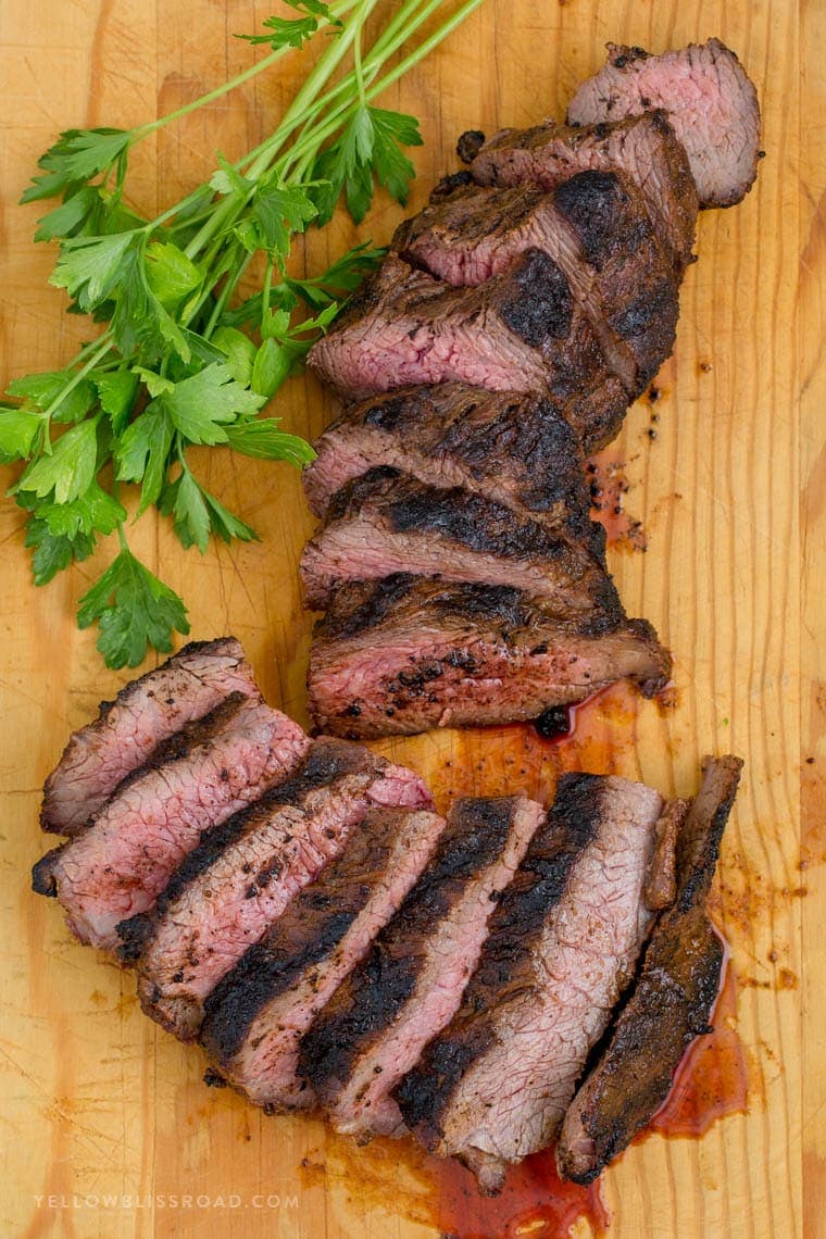 cutting board, parsley, sliced grilled tri tip