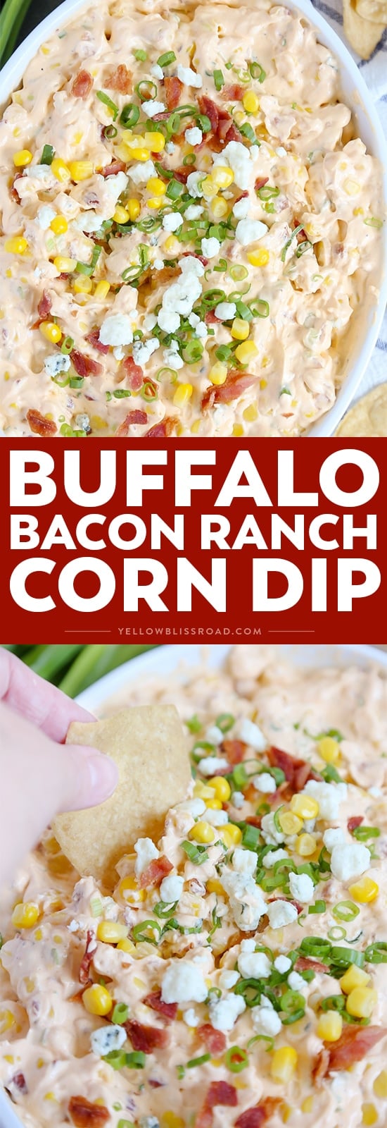 My Buffalo Bacon Ranch Corn Dip is a real crowd pleaser, with spicy buffalo wing sauce, sweet corn, tangy blue cheese and creamy ranch!