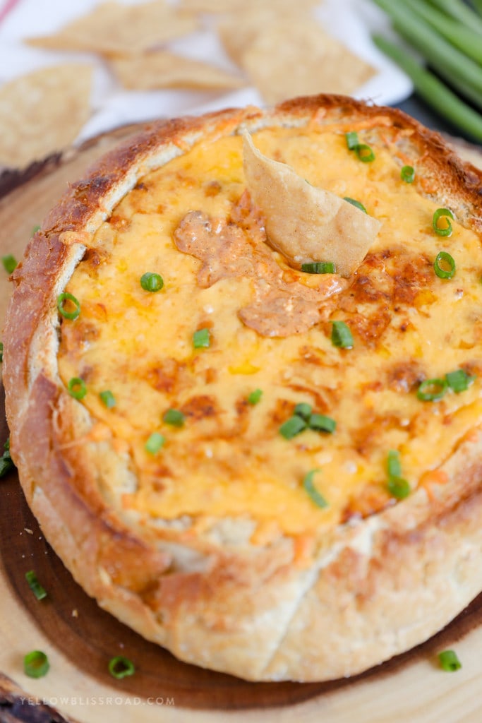 Easy Chili Cheese Dip in a Bread Bowl Game Day Eats