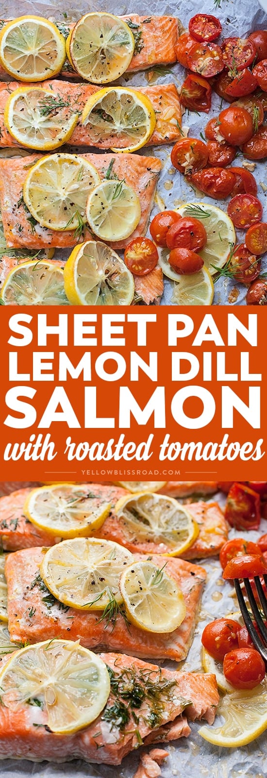 Sheet Pan Lemon and Dill Salmon with Roasted Tomatoes is a weeknight dinner dream but still impressive enough for a special occasion.