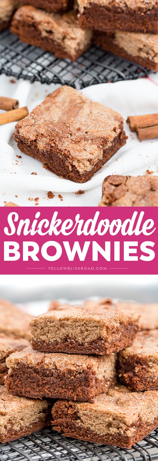 Snickerdoodle Brownies are the best of both worlds - fudgy, chocolatey brownies mixed with warm, cinnamon Snickerdoodles! It's the ultimate classic mash-up dessert!