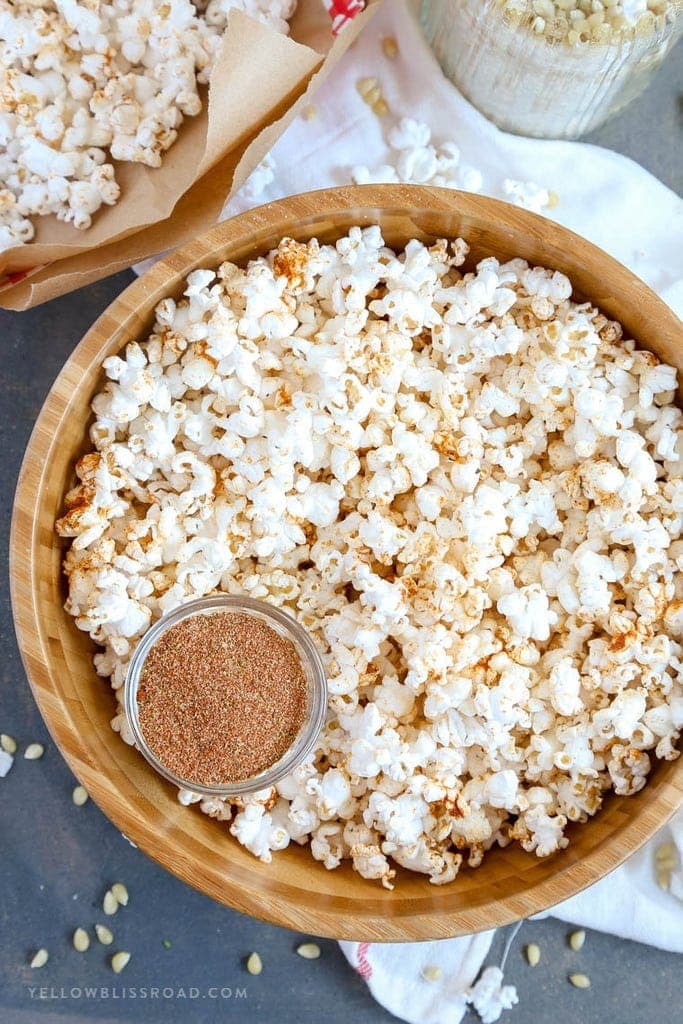 Hot Buttered Cajun Popcorn made with a Homemade Cajun Seasoning Blend in a large bowl